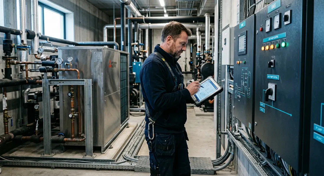Technicus inspecteert het gebouwbeheersysteem en de installatie