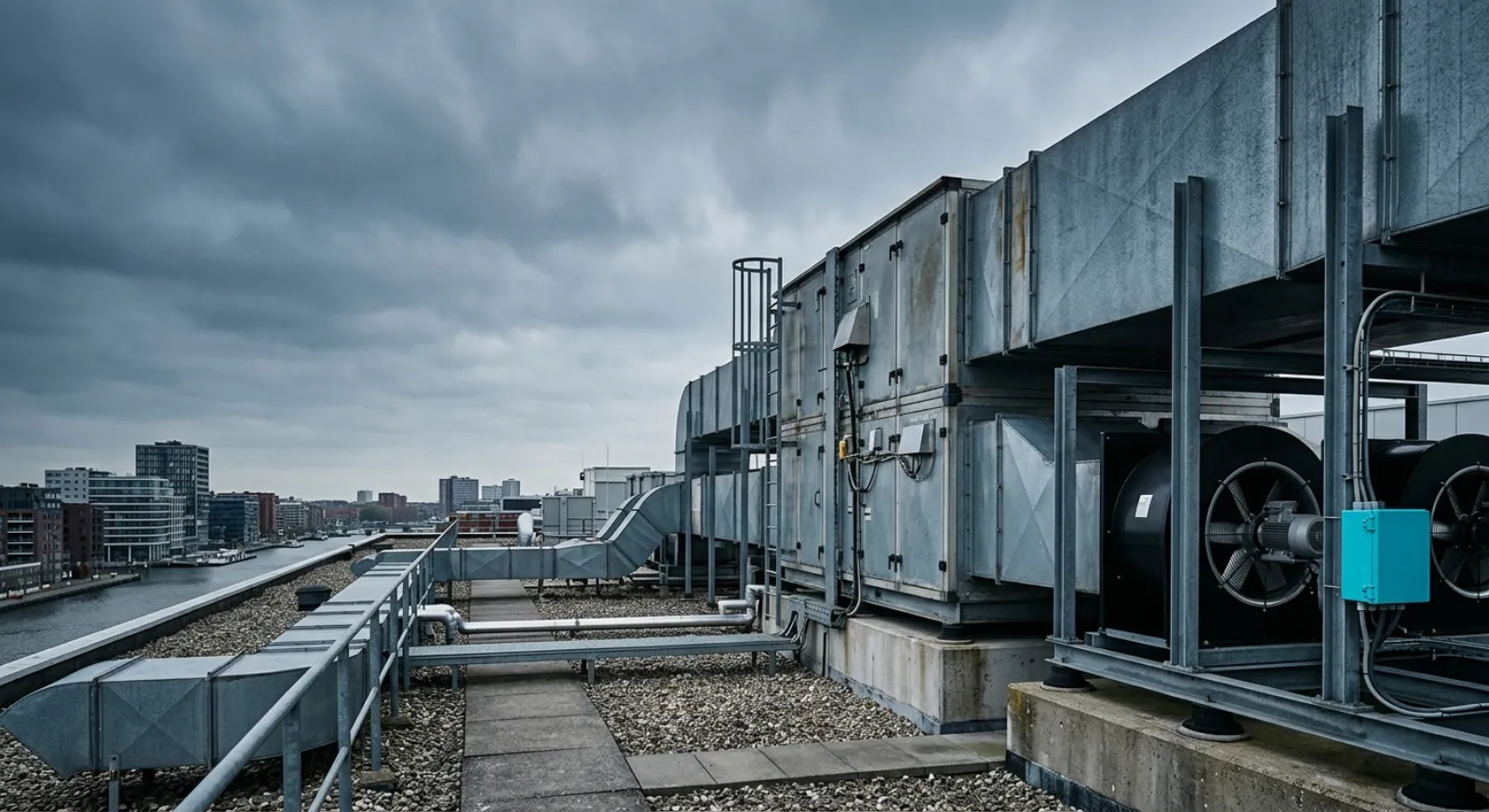 Luchtbehandelingskast en EC-ventilatoren op het dak van een utiliteitsgebouw